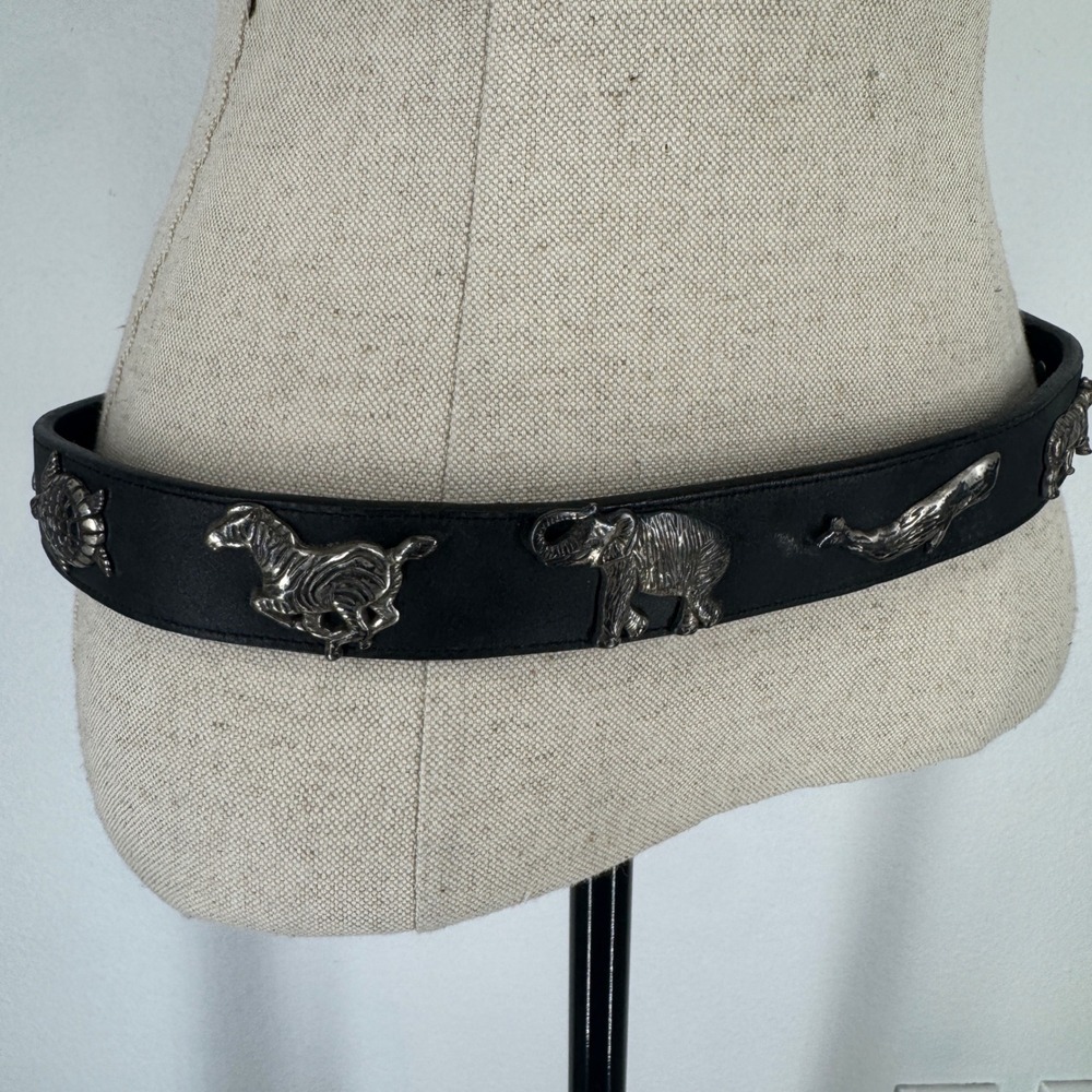 Vintage 90s Animal Concho Black Leather Belt Solid Brass Western Buckle Size 30